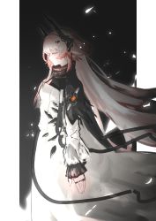 Rule 34 | 1girl, arknights, black background, closed mouth, dress, expressionless, from side, grey hair, highres, horns, jewelry, light particles, long hair, long sleeves, looking away, looking down, multiple rings, orange eyes, profile, ring, simple background, solo, theresa (arknights), very long hair, white dress, yacchi (yxxrem)