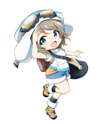 Rule 34 | 1girl, :d, arm up, bag, black socks, blue eyes, blue shorts, boots, brown footwear, brown hair, chibi, full body, genjitsu no yohane, goggles, goggles on headwear, kuena, looking at viewer, love live!, love live! sunshine!!, open mouth, shirt, short shorts, short sleeves, shorts, shoulder bag, simple background, smile, socks, solo, standing, standing on one leg, watanabe you, white background, white headwear, white shirt, you (genjitsu no yohane)