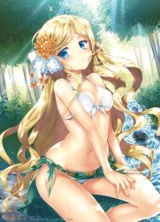 Rule 34 | 1girl, :t, absurdres, bikini, blonde hair, blue eyes, breasts, calendar, cleavage, dappled sunlight, day, dutch angle, flower, forest, front-tie bikini top, front-tie top, hair flower, hair ornament, hair ribbon, highres, hisasi, huge filesize, long hair, looking at viewer, medium breasts, nature, original, outdoors, ribbon, sarong, scan, shadow, sidelocks, sitting, solo, sunlight, swimsuit, underboob, very long hair, wading, water, waterfall, wet, white bikini