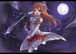 Rule 34 | 10s, 1girl, amemiya ruki, armor, asuna (sao), bare shoulders, breastplate, brown eyes, brown hair, detached sleeves, full moon, highres, holding, letterboxed, long hair, moon, open mouth, skirt, solo, sword, sword art online, thighhighs, weapon, white thighhighs