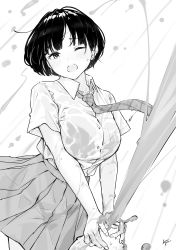 Rule 34 | 1girl, absurdres, bottle, bra visible through clothes, breasts, greyscale, highres, large breasts, monochrome, one eye closed, original, school uniform, see-through, short hair, soda bottle, squirting liquid, takenoko no you, wet, wet clothes