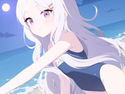Rule 34 | 1girl, absurdres, bare arms, bare shoulders, beach, blue archive, blue one-piece swimsuit, blue sky, blush, breasts, cloud, commentary request, covered navel, forehead, full moon, grey hair, hair ornament, hairclip, highres, hina (blue archive), hina (swimsuit) (blue archive), horizon, jyt, long hair, moon, night, night sky, ocean, one-piece swimsuit, outdoors, parted bangs, parted lips, purple eyes, sand, school swimsuit, sky, small breasts, solo, star (sky), swimsuit, very long hair, water