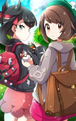 Rule 34 | 2girls, :o, absurdres, asymmetrical bangs, backpack, bad id, bad pixiv id, bag, black hair, black jacket, blue sky, bob cut, brown eyes, brown hair, cardigan, closed mouth, cloud, commentary request, creatures (company), day, dress, game freak, gloria (pokemon), green eyes, green headwear, grey cardigan, hair ribbon, hat, highres, holding, jacket, long sleeves, looking at viewer, looking back, marnie (pokemon), miyama (yakinikusushi the royal), multiple girls, nintendo, open mouth, outdoors, pink dress, poke ball, pokemon, pokemon swsh, red ribbon, ribbon, short hair, sky, tam o&#039; shanter, tree, twintails
