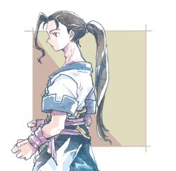 Rule 34 | 1boy, belt, black pants, brown eyes, brown hair, clenched hands, fei fong wong, from side, long hair, male focus, michibata 65, multiple belts, pants, ponytail, shirt, simple background, single hair intake, white shirt, wrist wrap, xenogears