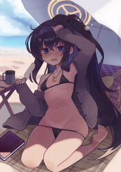 Rule 34 | 1girl, absurdres, ancortsu, barefoot, bikini, black bikini, black hair, blue archive, blush, book, commentary, food, grey jacket, groin, hair between eyes, highres, holding, holding food, holding popsicle, jacket, long hair, looking at viewer, navel, official alternate costume, open clothes, open jacket, open mouth, ponytail, popsicle, purple eyes, soles, solo, swimsuit, toes, ui (blue archive), ui (swimsuit) (blue archive)