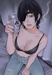 Rule 34 | 1girl, asahi breweries, bare shoulders, beer can, black bra, black hair, blue pants, bra, breasts, can, chainsaw man, cigarette, collarbone, commentary, curtains, denim, drink can, eyepatch, giganticbuddha, hand up, highres, himeno (chainsaw man), holding, holding can, indoors, large breasts, looking at viewer, medium hair, mouth hold, navel, no shirt, pants, parted lips, sitting, smoking, solo, underwear