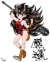 Rule 34 | 1girl, bad id, bad pixiv id, bangle, big hair, black hair, boots, bracelet, breasts, brown eyes, child, chinese clothes, club, club (weapon), covered erect nipples, dudou, eyeshadow, horns, huge weapon, jewelry, kanabou, long hair, makeup, oboro muramasa, oni, over shoulder, pouch, rajaki (oboro muramasa), small breasts, smile, solo, spiked club, tetsumasa, vanillaware, weapon, weapon over shoulder