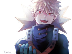 Rule 34 | 1boy, adcalcium, bakugou katsuki, black mask, blonde hair, boku no hero academia, commentary request, eye mask, gloves, green gloves, highres, looking at viewer, male focus, mask, mask around neck, open mouth, red eyes, short hair, signature, simple background, smile, solo, spiked hair, upper body, white background