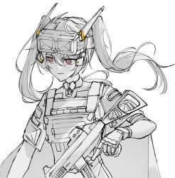 Rule 34 | 1girl, closed mouth, commentary request, girls&#039; frontline 2: exilium, gloves, gun, h&amp;k ump, hair between eyes, headgear, highres, holding, holding gun, holding weapon, long hair, night vision device, partially colored, red eyes, simple background, solo, submachine gun, twintails, ump9 (girls&#039; frontline), upper body, weapon, white background, wu chengyi3999