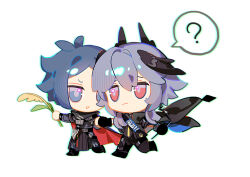 Rule 34 | ?, arknights, black footwear, black gloves, black jacket, black pants, black wings, blue eyes, blue hair, character request, chibi, closed mouth, commentary request, gloves, grey hair, head wings, holding, horns, indai (3330425), jacket, jitome, long sleeves, mole, mole under eye, pants, parted lips, red eyes, shoes, simple background, spoken question mark, white background, wings