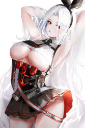 Rule 34 | 1girl, absurdres, armpits, arms behind head, arms up, azur lane, bare shoulders, breasts, cleavage, collared shirt, crop top, day, detached sleeves, eyes visible through hair, hair over one eye, hair ribbon, highres, large breasts, lens flare, lielac, long hair, long sleeves, looking at viewer, mole, mole under eye, prinz heinrich (azur lane), puffy sleeves, red eyes, ribbed shirt, ribbon, shirt, silver hair, sleeveless, sleeveless shirt, solo, thighs, underboob, underbust, very long hair, white shirt