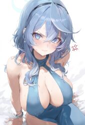Rule 34 | 1girl, absurdres, ako (blue archive), ako (dress) (blue archive), anger vein, arm support, bare shoulders, blue archive, blue eyes, blue hair, blue halo, blush, bracelet, breasts, cleavage, closed mouth, collarbone, covered erect nipples, covered navel, fingernails, freng, hair between eyes, halo, highres, jewelry, large breasts, looking at viewer, medium hair, official alternate costume, plunging neckline, sideless dress, sitting, solo, sweat
