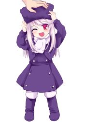 Rule 34 | 1girl, aged down, boots, fang, fate/stay night, fate (series), full body, hat, head pat, headpat, highres, illyasviel von einzbern, no nose, one eye closed, purple footwear, purple hat, red eyes, simple background, solo focus, tanada, white background, white hair, wink, winter clothes