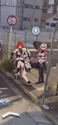Rule 34 | 3girls, asymmetrical footwear, black footwear, black gloves, black skirt, black socks, boots, closed mouth, coralie (honkai impact), dog girl, dog tail, double v, facing viewer, fence, gloves, grey jacket, helia (honkai impact), high school girls posing for google street view (meme), highres, honkai (series), honkai impact 3rd, jacket, looking at viewer, marin liekuriva, meme, mismatched footwear, multiple girls, navel, open clothes, open mouth, orange hair, outdoors, red gloves, senadina (honkai impact), shoes, skirt, smile, sneakers, socks, standing, standing on one leg, stomach, tail, thigh boots, v, white jacket
