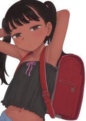 Rule 34 | 1girl, armpit focus, armpits, arms up, backpack, bag, bare shoulders, black hair, brown eyes, child, collarbone, commentary request, dark-skinned female, dark skin, earrings, female focus, jewelry, long hair, looking at viewer, midriff, mole, mole under eye, navel, omodaka (nitera1041), original, pink ribbon, ponytail, randoseru, red bag, ribbon, simple background, solo, strapless, stud earrings, tube top, twintails, upper body, white background