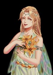 Rule 34 | 1boy, absurdres, armlet, blonde hair, braid, circlet, elden ring, flower, gold belt, green tunic, highres, holding, holding flower, holding to chest, insect wings, iridescent, jewelry, lily (flower), long hair, looking at viewer, miquella (elden ring), multiple braids, pkbth, ring, sleeveless tunic, smile, wings, yellow eyes