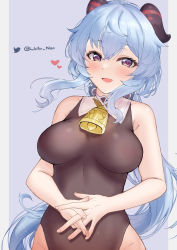 Rule 34 | 1girl, ahoge, artist name, bare arms, bell, black leotard, blue hair, blush, bow, breasts, ganyu (genshin impact), genshin impact, heart, highres, horns, leotard, long hair, looking at viewer, low ponytail, medium breasts, neck bell, no gloves, open mouth, own hands clasped, own hands together, purple eyes, sidelocks, sleeveless, smile, solo, twitter username, upper body, wata neo