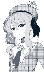 Rule 34 | 1girl, ascot, beret, blush, buttons, closed mouth, collared shirt, commentary request, crown, double-parted bangs, dress, greyscale, hair between eyes, hair ribbon, hat, highres, hololive, hoshimachi suisei, looking at viewer, medium hair, mini crown, monochrome, orinpachu, plaid, plaid dress, plaid headwear, ribbon, shirt, side ponytail, sidelocks, simple background, solo, star (symbol), star in eye, symbol in eye, upper body, virtual youtuber, white background