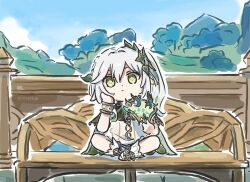 Rule 34 | 1girl, :|, bench, cape, chibi, closed mouth, cross-shaped pupils, double-parted bangs, dress, elbow rest, expressionless, full body, genshin impact, green eyes, green hair, grey hair, hair between eyes, hair ornament, hand on own cheek, hand on own face, holding, leaf hair ornament, long hair, multicolored hair, nahida (genshin impact), on bench, shoes, side ponytail, sitting, solo, symbol-shaped pupils, two-tone hair, xinzoruo