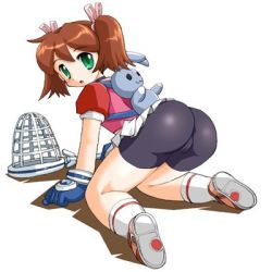 Rule 34 | 1girl, all fours, ass, backpack, bag, bike shorts, blush, brown hair, cameltoe, female focus, full body, green eyes, hair ribbon, looking back, lowres, net, open mouth, rabbit, randoseru, ribbon, saru getchu, sayaka (saru getchu), shoes, short hair, short twintails, simple background, skirt, sneakers, socks, solo, twintails