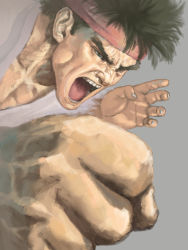 Rule 34 | 1boy, :o, black hair, clenched hand, furrowed brow, headband, male focus, red headband, ryu (street fighter), shouting, solo, street fighter, takeda (ub060348)
