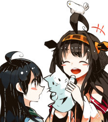 Rule 34 | 10s, 2girls, :d, animal, animal on head, bare shoulders, bird, bird on head, black hair, blush stickers, brown eyes, brown hair, crayon, detached sleeves, double bun, itomugi-kun, kantai collection, kongou (kancolle), multiple girls, on head, open mouth, personification, puppet, smile, translation request, ushio (kancolle), white background