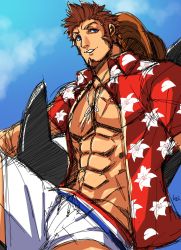 Rule 34 | 1boy, abs, alternate costume, bara, beard, blue eyes, brown hair, facial hair, fate/grand order, fate (series), hat, highres, k ei3k, long sideburns, looking at viewer, male focus, muscular, napoleon bonaparte (fate), open clothes, open shirt, pectorals, scar, shorts, smile, solo, straw hat, summer, upper body