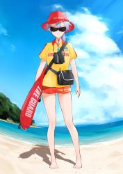 Rule 34 | 1girl, absurdres, barefoot, beach, binoculars, blue sky, cloud, commentary request, day, fanny pack, fate/grand order, fate (series), hat, highres, lifeguard, long hair, looking at viewer, ocean, outdoors, ponytail, red hat, red shorts, shirt, shorts, shoulder strap, silver hair, sky, solo, sunglasses, tinted eyewear, tomoe gozen (fate), vegetablenabe, whistle, whistle around neck, yellow shirt
