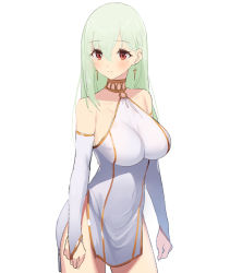 Rule 34 | 1girl, blush, breasts, bridal gauntlets, closed mouth, covered navel, cowboy shot, dress, elbow gloves, facing away, fingerless gloves, gloves, green322, green hair, halterneck, halterneck, highres, impossible clothes, large breasts, light smile, long hair, mole, mole under eye, original, red eyes, short dress, simple background, sketch, sleeveless, sleeveless dress, solo, white background, white dress, white gloves