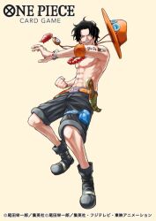 Rule 34 | 1boy, abs, arm tattoo, black footwear, black hair, black shorts, boots, clenched hand, commentary request, copyright name, cowboy hat, dagger, full body, hat, highres, knife, male focus, muscular, muscular male, official art, one piece, one piece card game, orange hat, portgas d. ace, short hair, shorts, simple background, smirk, solo, tacchan56110, tattoo, text tattoo, topless male, translation request, weapon, white background