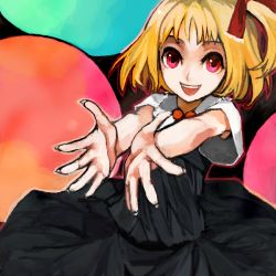 Rule 34 | 1girl, blonde hair, embodiment of scarlet devil, female focus, foreshortening, hair ribbon, outstretched arms, red eyes, ribbon, rumia, short hair, smile, solo, touhou, xero