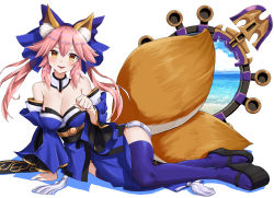 Rule 34 | absurdres, animal ear fluff, animal ears, bare shoulders, blue kimono, blue ribbon, blue thighhighs, breasts, cleavage, commentary, commentary request, detached sleeves, dousunnen, fate/grand order, fate (series), fox ears, fox girl, fox tail, full body, hair ribbon, highres, japanese clothes, kimono, large breasts, mirror, multiple tails, ocean, paw pose, pink hair, ribbon, solo, tail, tamamo (fate), tamamo no mae (fate/extra), thighhighs, yellow eyes
