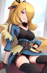 Rule 34 | 1girl, arm support, black ribbon, black shorts, blonde hair, boots, breasts, collarbone, commentary, creatures (company), cynthia (pokemon), cynthia (sygna suit) (aura) (pokemon), eyelashes, game freak, gloves, gonzarez, grey eyes, grin, hair over one eye, hair ribbon, hand on own hip, highres, large breasts, long hair, nintendo, official alternate costume, pokemon, pokemon masters ex, ponytail, red gloves, ribbon, shorts, sitting, smile, solo, thigh boots, very long hair, wavy hair