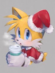 Rule 34 | 1boy, animal ears, animal nose, blue eyes, child, coffee, commentary request, drink, food, fox boy, furry, furry male, gloves, hat, highres, holding, holding drink, holding food, looking at viewer, male focus, misuta710, santa hat, simple background, sonic (series), tails (sonic), white gloves