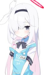Rule 34 | 1girl, angel&#039;s 24 uniform (blue archive), apron, black bow, black bowtie, black eyes, black hairband, blue apron, blue archive, blush, bow, bowtie, closed mouth, collared shirt, colored inner hair, hair over one eye, hairband, halo, highres, long hair, looking at viewer, multicolored hair, pink hair, plana (blue archive), polo shirt, red halo, revision, shiroron mochi, shirt, short sleeves, simple background, solo, upper body, white background, white hair, white shirt