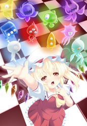 Rule 34 | 1girl, arm up, blonde hair, blush, checkered floor, dress, fang, flandre scarlet, hat, looking at viewer, multicolored wings, open mouth, reaching, reaching towards viewer, red eyes, side ponytail, smile, sonic (series), sonic colors, sonic the hedgehog, touhou, wings, wisp (sonic), wontam
