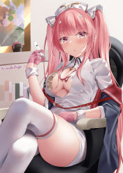 Rule 34 | 1girl, :o, absurdres, azur lane, black jacket, blunt bangs, book, chair, cleavage cutout, clothing cutout, cross hair ornament, crossed legs, gloves, hair ornament, hat, highres, holding, holding syringe, jacket, long hair, makihige, nurse cap, off shoulder, office chair, official alternate costume, parted lips, perseus (azur lane), perseus (unfamiliar duties) (azur lane), pink eyes, pink gloves, pink hair, plant, potted plant, shirt, sidelocks, sitting, solo, swivel chair, syringe, thighhighs, thighs, twintails, very long hair, white shirt, white thighhighs, wrist cuffs