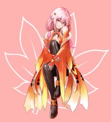 Rule 34 | 1girl, bare shoulders, breasts, cleavage, closed mouth, detached sleeves, fattybot, fingerless gloves, gloves, guilty crown, highres, holding leg, leaf, light smile, long hair, looking at viewer, medium breasts, pink background, pink hair, red eyes, sitting, twintails, yuzuriha inori
