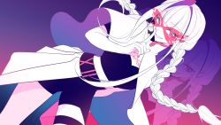 Rule 34 | 1girl, bad id, bad twitter id, belt, bike shorts, black belt, black shorts, braid, capelet, dear: (utaite), floating hair, highres, indie utaite, long hair, looking at viewer, looking to the side, mask, nail polish, open mouth, original, pink nails, pointing, pointing up, red eyes, shorts, sitting, skirt, smile, solo, twin braids, utaite, very long hair, white capelet, white hair, white skirt, xoco