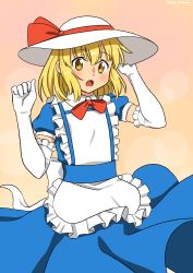 Rule 34 | 1girl, apron, back bow, blonde hair, blue dress, blush, bow, dress, elbow gloves, frilled apron, frills, gloves, haramin3, hat, hat bow, highres, holding, holding clothes, holding hat, kana anaberal, open mouth, puffy short sleeves, puffy sleeves, red neckwear, red ribbon, ribbon, short sleeves, sun hat, touhou, touhou (pc-98), white apron, white bow, white hat, yellow eyes