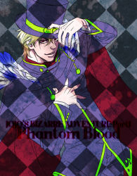 Rule 34 | 1boy, bad id, bad pixiv id, blonde hair, cape, checkered background, dio brando, dororosso, feathers, hat, jojo no kimyou na bouken, male focus, red eyes, solo, top hat