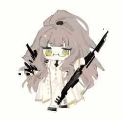 Rule 34 | 1girl, black footwear, brown hair, chibi, chibi only, coat, glasses, green eyes, half updo, holding, holding weapon, jacket, library of ruina, long hair, looking at viewer, meijiichigo, mirinae (project moon), project moon, shoes, simple background, solo, very long hair, weapon, white background, white coat, white jacket