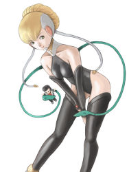 Rule 34 | 10s, 1girl, adelie (space dandy), aged up, bad id, bad pixiv id, bare shoulders, bent over, black thighhighs, blonde hair, breasts, cable, character doll, dandy (space dandy), detached sleeves, doll, from side, green eyes, hair bun, halterneck, highleg, hirayama tooya, holding, leotard, light smile, looking at viewer, short hair, simple background, single hair bun, smile, space dandy, standing, thighhighs, turtleneck, v arms, white background, yellow eyes