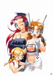 Rule 34 | 3girls, ahoge, blonde hair, blue eyes, braid, breast poke, brown hair, famicom, game boy, game boy micro, game console, handheld game console, highres, multiple girls, nintendo, nintendo ds, one eye closed, pantyhose, personification, playstation portable, poking, red hair, sonoda ken&#039;ichi, sony, thighhighs, wink