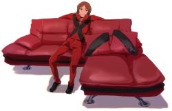 Rule 34 | 1boy, black footwear, brown eyes, brown hair, closed mouth, couch, high collar, jacket, looking at viewer, male focus, pants, persona, persona 2, persona 2 batsu, red jacket, red pants, shoes, simple background, solo, suou tatsuya, suou tatsuya (persona 2 batsu), u-ka (pixiv5407), white background, zipper