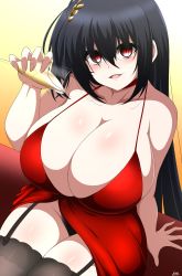 Rule 34 | 1girl, absurdres, ahoge, alcohol, arm support, azur lane, bare shoulders, black hair, black panties, black thighhighs, blush, breasts, champagne, champagne flute, choker, cleavage, cocktail dress, collarbone, cup, dress, drinking glass, empty eyes, evening gown, garter straps, hair ornament, highres, huge breasts, k (kite), long hair, looking at viewer, no bra, official alternate costume, panties, parted lips, red choker, red dress, red eyes, sitting, slit pupils, solo, spaghetti strap, taihou (azur lane), taihou (forbidden feast) (azur lane), thighhighs, underwear, very long hair, yandere