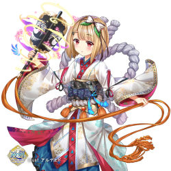 Rule 34 | 1girl, :o, aldehyde, blonde hair, blue ribbon, blush, bow, commentary request, hair bow, hair ornament, hand fan, holding, holding fan, japanese clothes, kimono, long sleeves, looking at viewer, magic, obi, official art, parted lips, red eyes, ribbon, rope, sash, seiken manifestia, shimenawa, short hair, simple background, solo, standing, tassel, watermark, white background, white kimono, wide sleeves