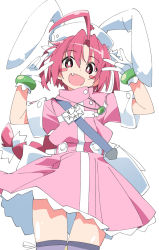 Rule 34 | 1girl, :d, animal ears, bag, blush stickers, gloves, hands up, hat, ixy, long hair, looking at viewer, nakahara komugi, nurse cap, nurse witch komugi-chan, open mouth, pink skirt, purple thighhighs, rabbit ears, red eyes, red hair, short sleeves, simple background, skirt, smile, solo, thighhighs, white background, white gloves, zettai ryouiki