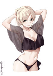 Rule 34 | 1girl, armpits, arms behind head, arms up, bikini, black bikini, blonde hair, blush, breasts, cleavage, collarbone, commentary, cowboy shot, cropped legs, ebifurya, groin, highres, kantai collection, large breasts, long hair, mole, mole under eye, mole under mouth, navel, official alternate costume, richelieu (kancolle), simple background, solo, swimsuit, twitter username, white background, yellow eyes