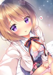 Rule 34 | 1girl, :p, bed sheet, between legs, blazer, blush, bow, bow bra, bow panties, bra, breasts, cleavage, closed mouth, commentary request, fingernails, from above, gochuumon wa usagi desu ka?, hair between eyes, hand between legs, heart, hoto cocoa, jacket, light brown hair, long sleeves, medium breasts, open clothes, open jacket, open shirt, outstretched arm, panties, panty pull, pink bra, pink panties, plaid, plaid skirt, pleated skirt, purple eyes, reaching, reaching towards viewer, red skirt, selfie, shibainu niki, shirt, sitting, skirt, sleeves past wrists, smile, solo, spoken heart, tongue, tongue out, underwear, white shirt